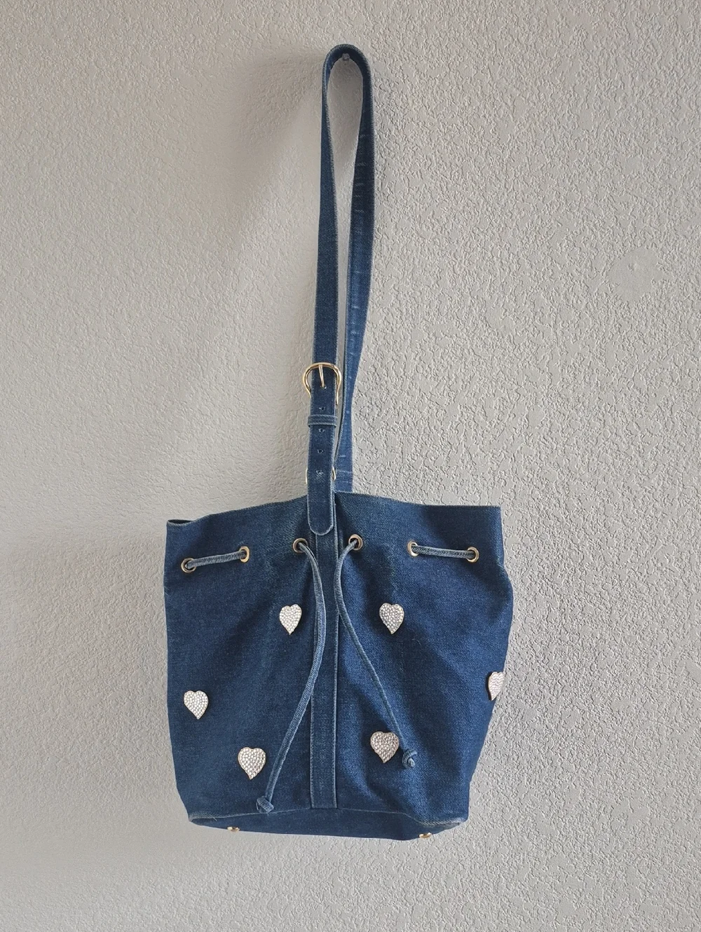 Sepcoeur Paris Denim Bucket Drawstring Bucket Bag with Heart Studs - Blue - Picture 1 of 15